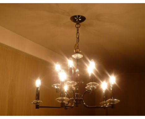 *A pair of modern 10 light, 5 branch ceiling lights with gun metal finish, 22" drop, together with a pair of matching 3 branc