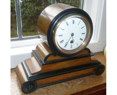 *Early 20th Century, walnut wood and ebonised drum top mantle clock, 9" high