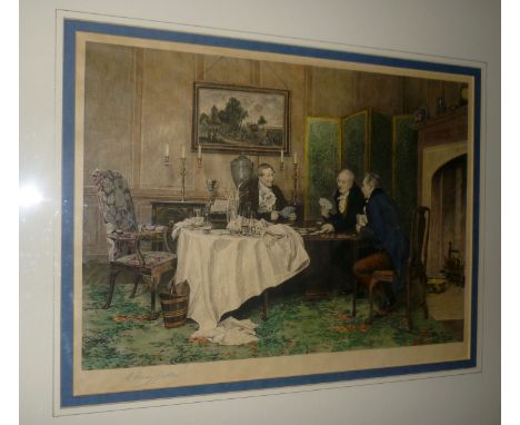 *Dendy Sadler,  2 Artist Signed Engravings Figures playing cards at a table, 12" x 17 1/2" And a coloured engraving Figures s