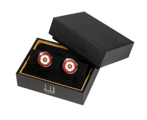 ALFRED DUNHILL: A PAIR OF SILVER AND ENAMEL CUFFLINKS, decorated with a Tudor Rose, in fitted presentation case with warranty