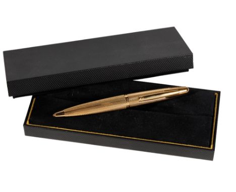 DUNHILL: A GOLD PLATED "TORPEDO" PROPELLING PENCIL, the body with engine turned decoration, in original presentation box, 14c