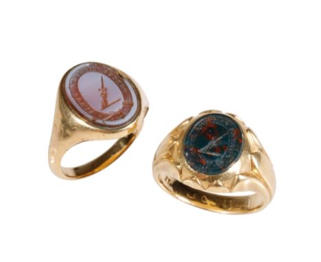 BLOODSTONE INTAGLIO SIGNET RING, on an 18ct yellow gold shank, ring size N, together with one other similar ring on an unmark