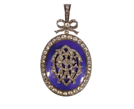 VICTORIAN DIAMOND AND BLUE ENAMEL PENDANT/LOCKET, the diamond set monogram on a blue enamel ground, within a border of old-cu