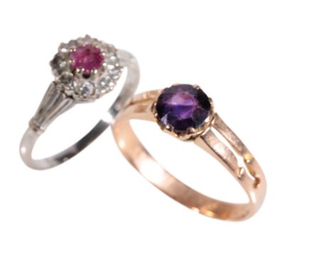 DIAMOND AND RUBY CLUSTER RING, on an 18ct white gold shank, ring size M, together with one other gem-set ring on an unmarked 