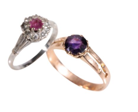 DIAMOND AND RUBY CLUSTER RING, on an 18ct white gold shank, ring size M, together with one other gem-set ring on an unmarked 