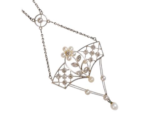 BELLE EPOQUE PENDANT NECKLACE, the openwork pendant set with diamonds and seed pearls, attached to a white metal fine link ch