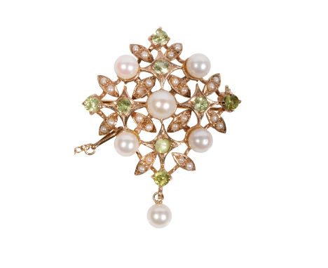 PERIDOT AND CULTURE PEARL BROOCH, eight round-cut peridot, interspersed with cultured pearls and seed pearls, the reverse hal