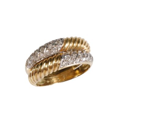 GOLD AND DIAMOND DRESS RING, two conjoined rings, half ribbed and diamond set, the shank stamped "18K", ring size M