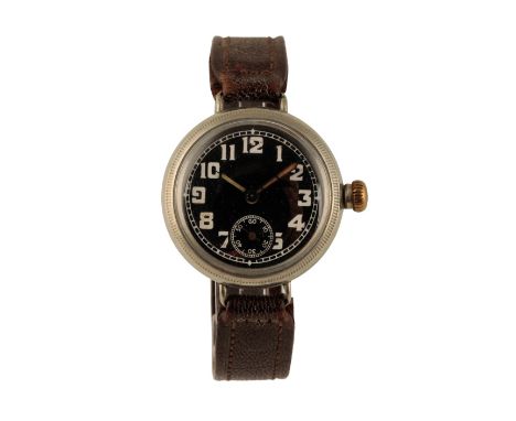 GENTLEMAN'S STAINLESS STEEL TRENCH WATCH, circa 1930's, with manual wind movement, the black dial and subsidiary seconds dial