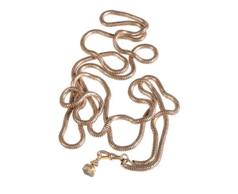 SNAKE LINK FOB CHAIN, unmarked (test as gold), the hook fastener stamped "12c", with attached miniature fob seal, approx 53.8