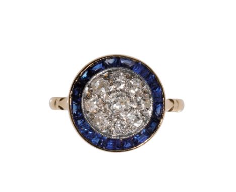 ART DECO STYLE SAPPHIRE AND DIAMOND RING, on an unmarked yellow metal shank, ring size O