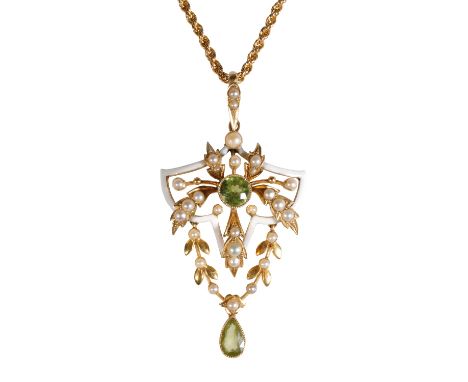 EDWARDIAN PERIDOT, SEED PEARL AND ENAMEL PENDANT AND CHAIN, the white enamel openwork frame set with a single peridot and gol
