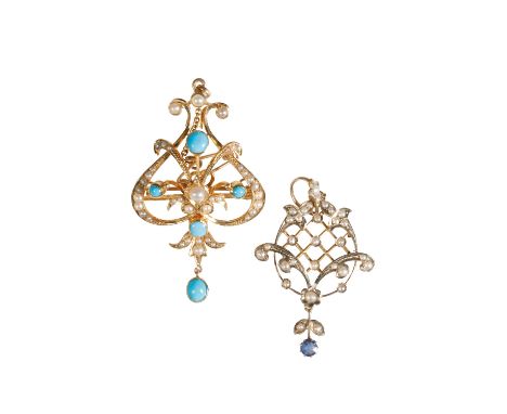 AN EDWARDIAN TURQUOISE AND SEED PEARL PENDANT, with safety chain, stamped 15ct, together with one other similar 9ct gold pend