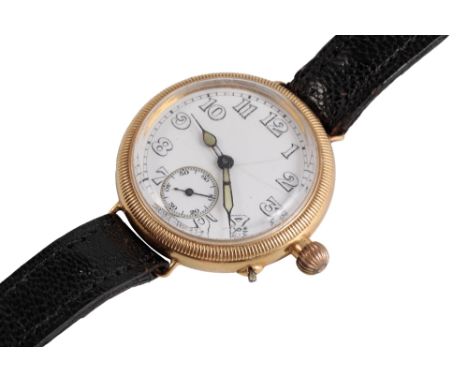 LONGINES GOLD GENTLEMAN'S TRENCH WATCH with manual wind movement, white enamel dial, subsidiary seconds dial, luminous Arabic