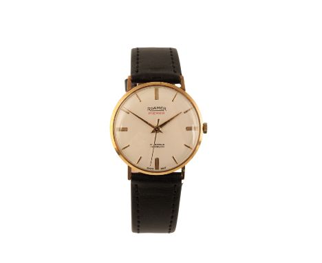 ROAMER PREMIER 9CT GOLD GENTLEMAN'S WRISTWATCH, circa 1950's, with manual wind movement, the white dial with gold baton numer
