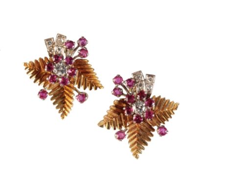 RUBY AND DIAMOND EAR CLIPS, each ruby and diamond cluster spray, set on unmarked yellow metal leaves, with ring clip backs, 2