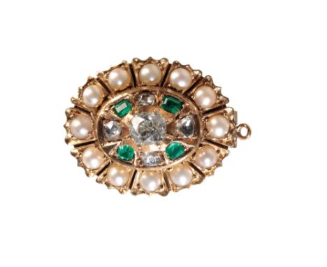 VICTORIAN DIAMOND EMERALD AND SEED PEARL BROOCH, the centre old-cut diamond, within a border of diamonds and emeralds, and ou