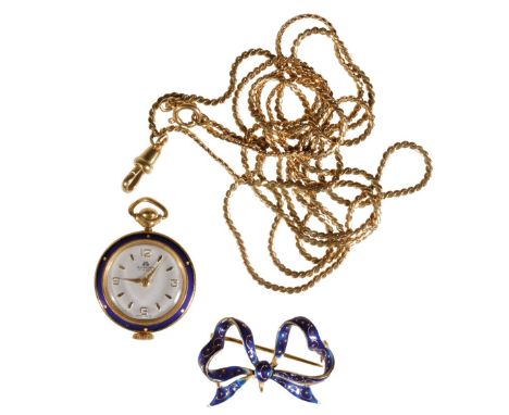 BUCHERER ENAMELED PENDANT/ FOB WATCH/ BROOCH AND CHAIN, the blue enameled fob watch, attached to an enameled bow brooch, toge