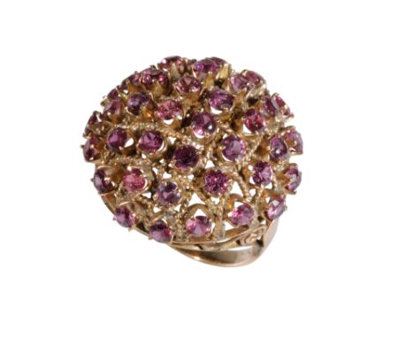 GEM SET COCKTAIL RING, forty round-cut gem stones, scattered forming a dome, on an 18k yellow gold shank, ring size G