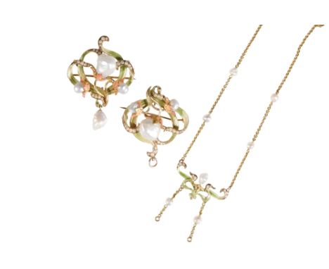 PAIR OF ENAMEL AND CULTURED BLISTER PEARL BROOCHES, with brooch and pendant attachments stamped "14K" together with a similar