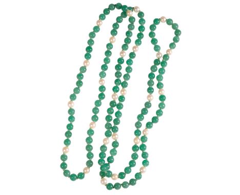JADEITE BEAD AND CULTURED PEARL NECKLACE,each knotted, 120cm