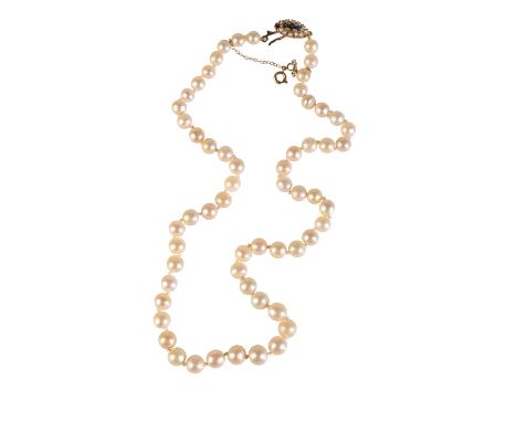 SINGLE STRAND CULTURED PEARL NECKLACE, with 9ct gold clasp set with gem-stone and seed pearls
