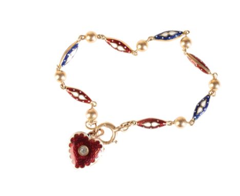 VICTORIAN, ENAMEL AND UNMARKED GOLD BRACELET, with attached red enameled heart pendant locket set to the centre with a round 