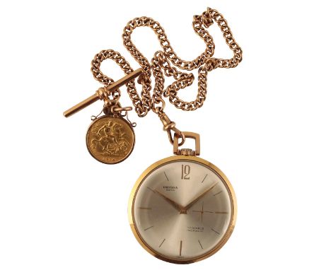 ORIOSA GOLD PLATED OPEN FACED POCKET WATCH with keyless wind movement, silver dial, gold baton numerals and hands, subsidiary