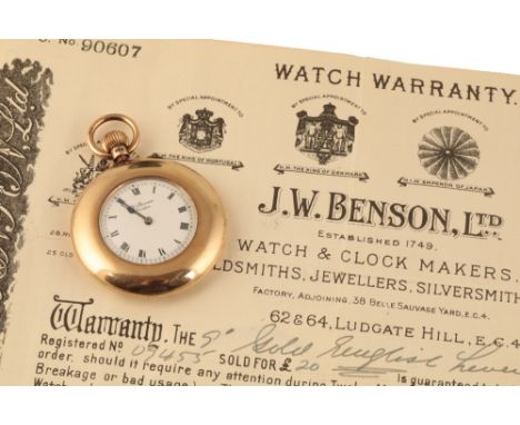 J.W. BENSON LIMITED: 9 CARAT GOLD OPEN FACED POCKET WATCH with keyless wind movement, white enamel dial, black Roman numerals