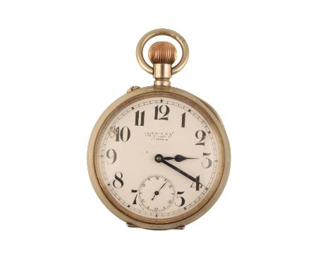 HALSTAFF &amp; CO. OF LONDON NICKEL PLATED GOLIATH OPEN FACED POCKET WATCH with keyless wind movement, white enamel dial, bla