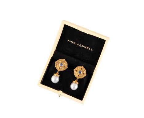 THEO FENNEL GOLD GEM STONE DIAMOND AND CULTURED PEARL EARRINGS, the 18ct yellow gold discs, set with gem stones including dia