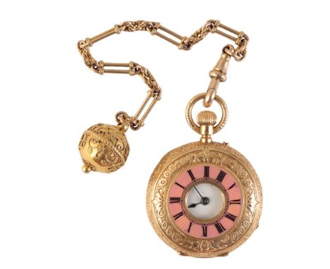 18CT GOLD AND ENAMEL HALF HUNTER FOB WATCH with keyless wind movement, white enamel dial, black Roman numerals and dark blue 