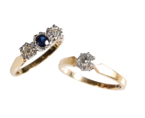 SOLITAIRE PIQUE DIAMOND RING, approx .40 ct, on an 18ct yellow gold shank, ring size Q-R, together with a sapphire and diamon