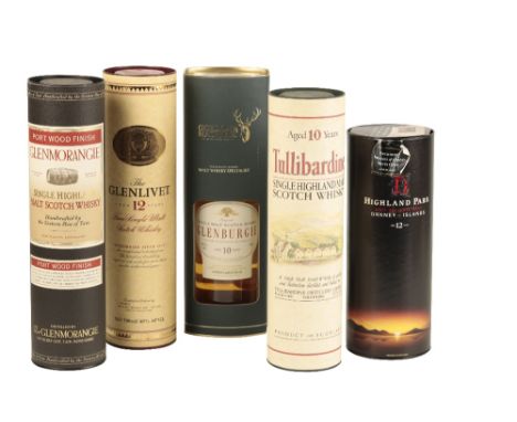 SINGLE MALT WHISKY: FIVE BOTTLES OF SCOTCH WHISKY The Glenlivet, aged 12 years, 70cl, 40% in carton tube; Highland Park aged 