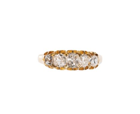 FIVE STONE DIAMOND RING, graduated old-cut diamonds, on an 18ct yellow gold shank, ring size P