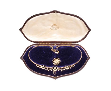 EDWARDIAN SEED PEARL NECKLACE, set on unmarked yellow metal, with safety chain, 40cm long, together with a seed pearl brooch 