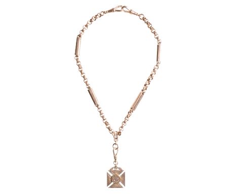 9CT GOLD FOB CHAIN, with attached Maltese cross stamped "375", approx 36.5grm 