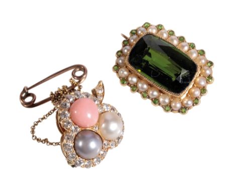DIAMOND AND CULTURED PEARL CLOVER LEAF BROOCH, with safety chain, 15mm, together with one other gem-set brooch, (2)