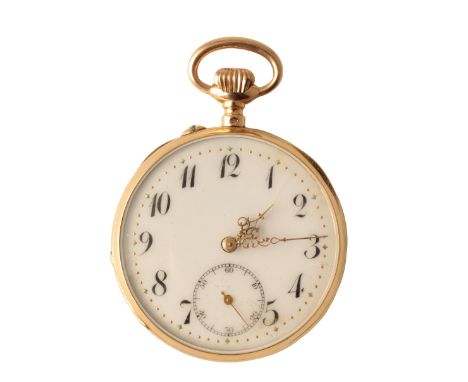 GENTLEMAN''S 14CT GOLD OPEN FACED POCKET WATCH with keyless wind movement, the white enamel dial with subsidiary seconds dial