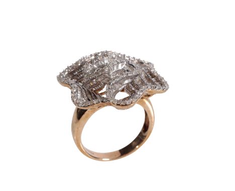 LARGE DIAMOND FLOWER HEAD RING, baguette and round-cut diamonds, approx 2.50ct, on a yellow gold shank, stamped "375", ring s