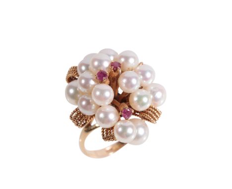 CULTURED PEARL AND "RUBY" CLUSTER RING, on a yellow gold shank, stamped "K18", with open work shoulders, ", ring size L