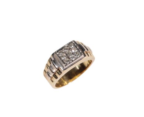 ROLEX STYLE GENTLEMAN'S DIAMOND SET RING, a plaque of nine rub-over set diamonds, on an unmarked yellow metal shank, with "wa