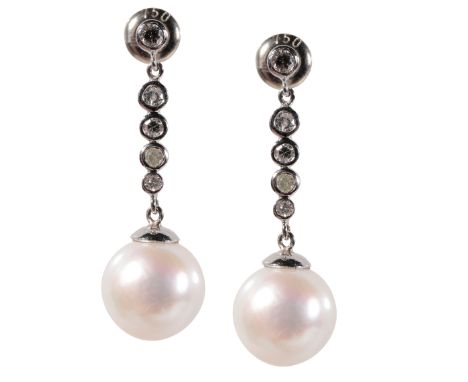 PAIR OF DIAMOND AND CULTURED PEARL EARRINGS, five graduating collet-set diamonds, with a single pearl terminal, set in white 