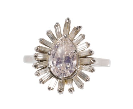 DIAMOND CLUSTER RING, the pear-cut diamond, approx 1.50ct, surrounded by a border of baguette-cut diamonds, the shank stamped
