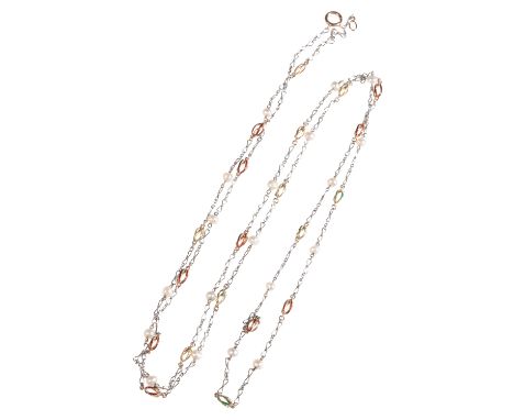 BLISTER PEARL AND ENAMEL CHAIN LINK NECKLACE, nineteen pearls alternating with twenty enameled twists on an unmarked white me