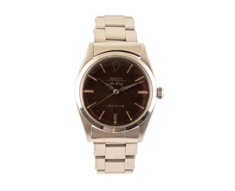 ROLEX AIR KING OYSTER PERPETUAL STAINLESS STEEL BRACELET WATCH with manual wind movement, (tropical brown dial), silver baton