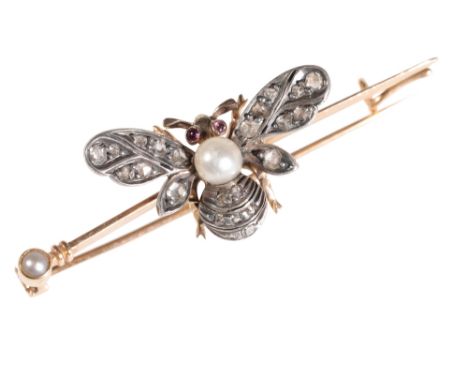 DIAMOND SET BEE BROOCH, with cultured pearl thorax, red gem set eyes, on an unmarked yellow metal bar brooch, with single pea