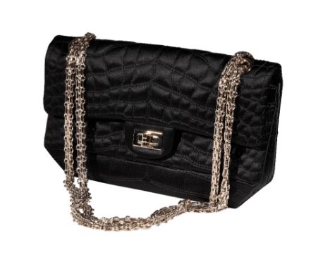 CHANEL BLACK SATIN QUILTED EVENING PURSE, with goldtone chain link shoulder strap and goldtone embossed hardware, serial numb