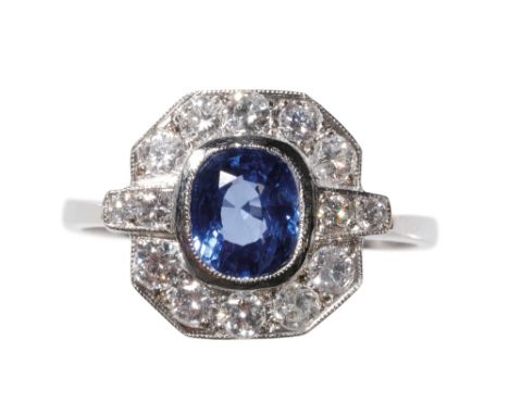 ART DECO STYLE SAPPHIRE AND DIAMOND RING, on a white metal shank, stamped "&amp; Plat", ring size P