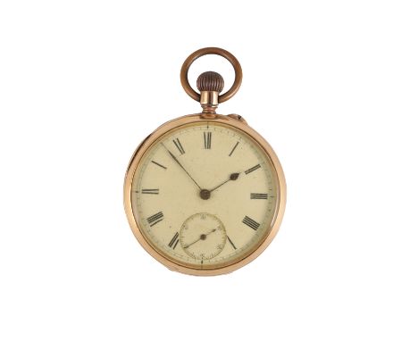 18CT GOLD GENTLEMAN'S OPEN FACED POCKET WATCH with keyless wind movement, white enamel dial, black Roman numerals and dark bl